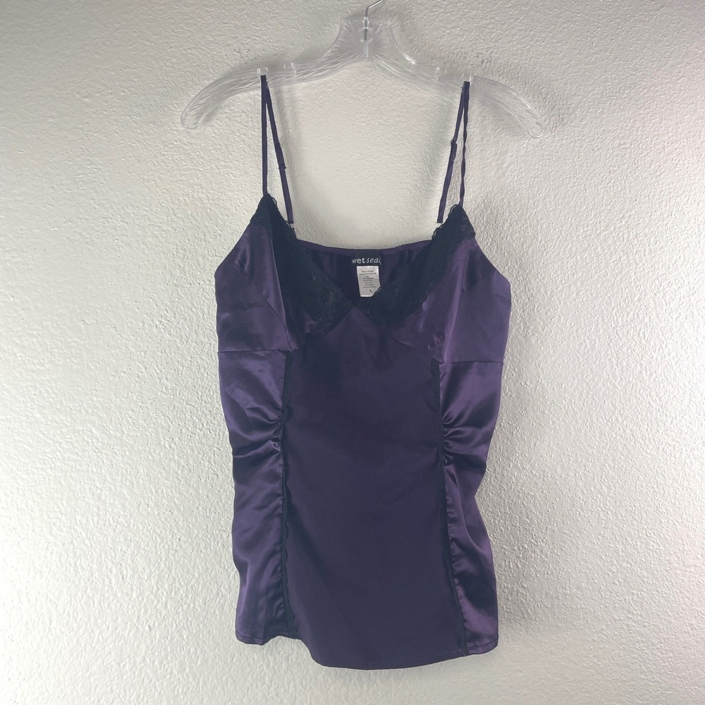 Wet Seal Satin Lace Trim Cami Top Size Large Purple Black Y2K Grunge Gothic‎